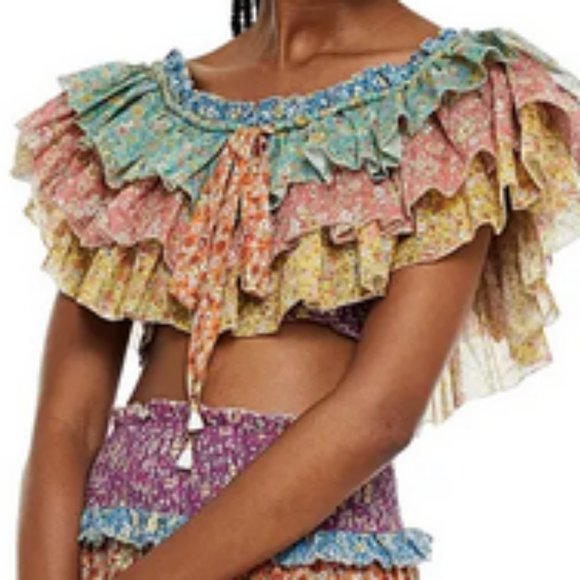 Zimmermann Tops - ZIMMERMANN  Carnaby cropped off-the-shoulder tiered floral cotton-gauze top